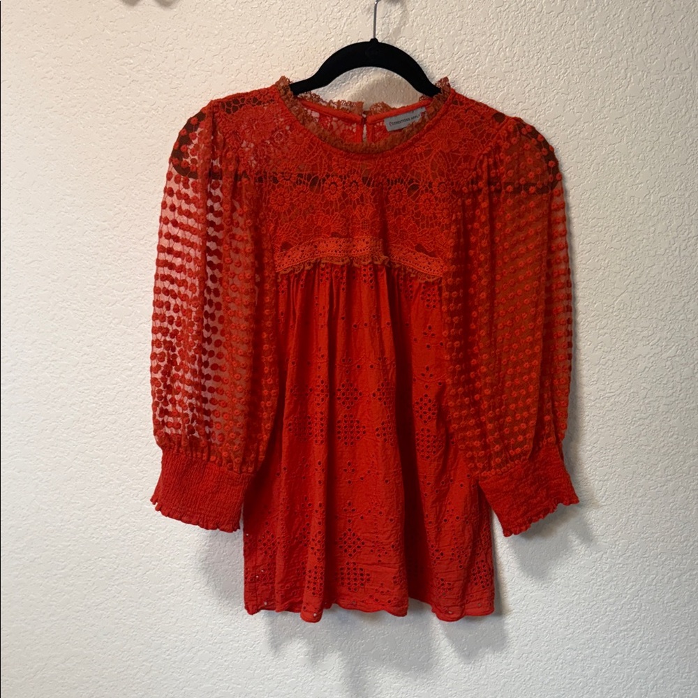 Women's Red Lace & Swiss-Dot Puff-Sleeve Blouse